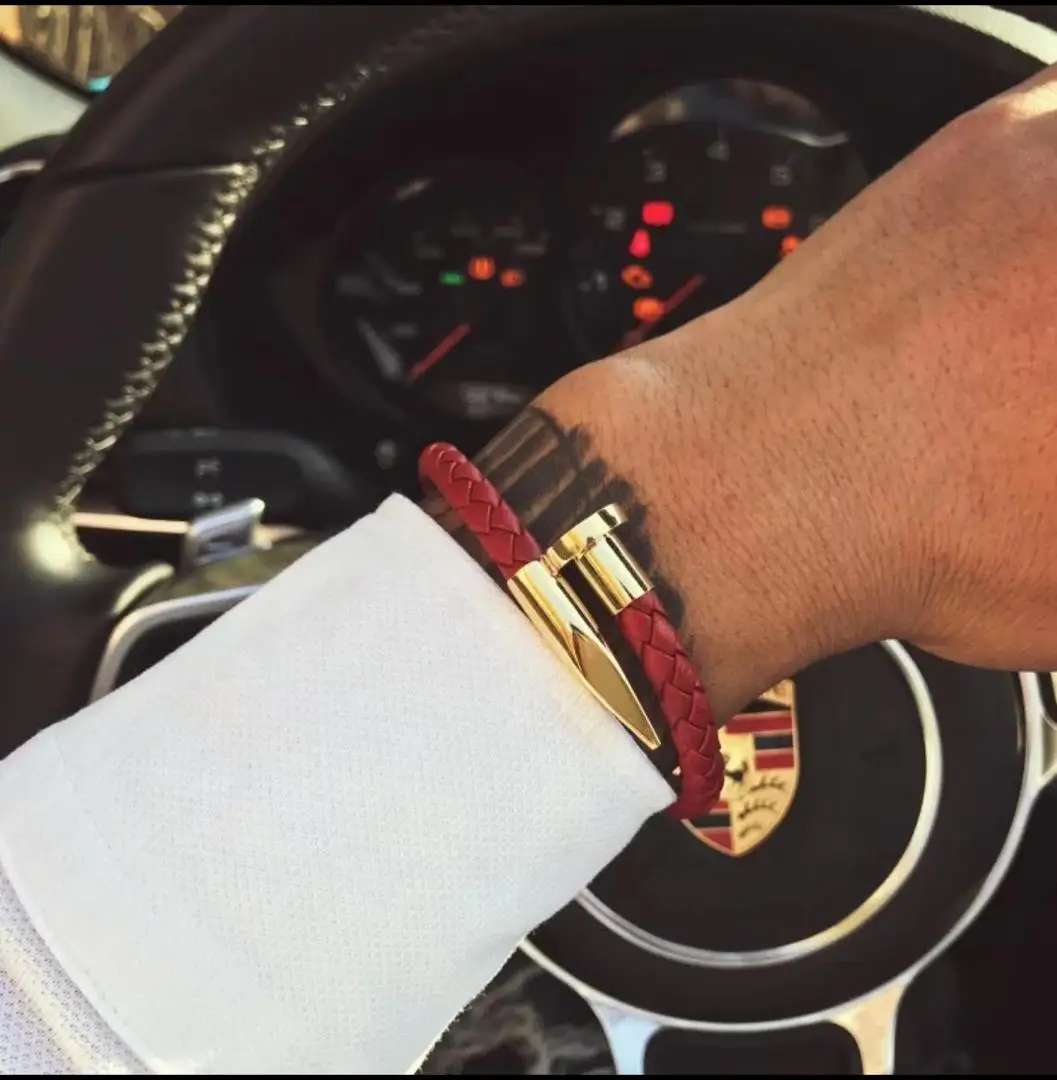 Custom Genuine stingray Leather Bracelet Stainless Steel High Polished Gold plated Mens Nail Bracelet