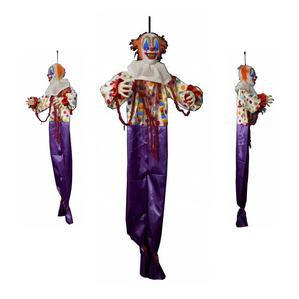 Halloween Hanging Decoration 5FT Life-size Animated Clown With Light and Sound Movement Scary Party Haunted House Props