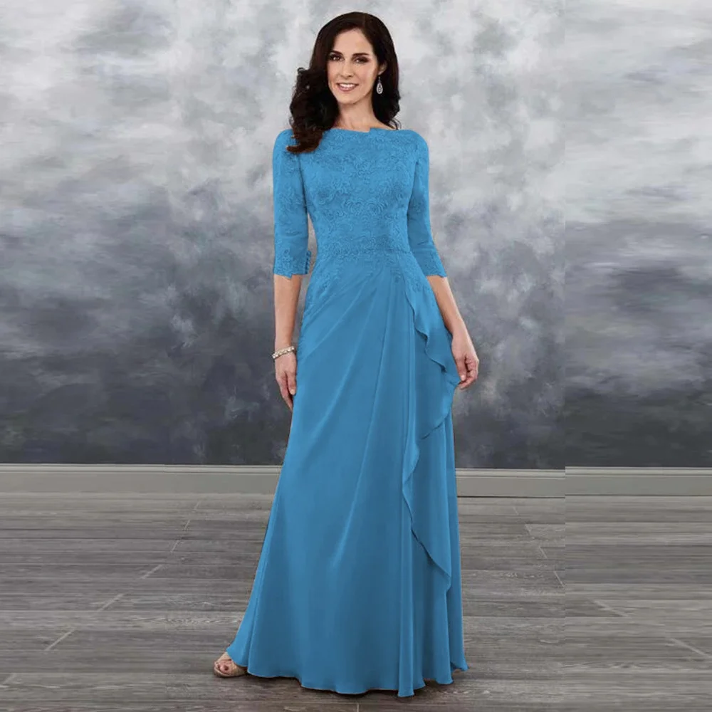 Pleated Lady Wedding Party Dress Three Quarter Sleeve Lace Chiffon Mother Of The Bride Dress