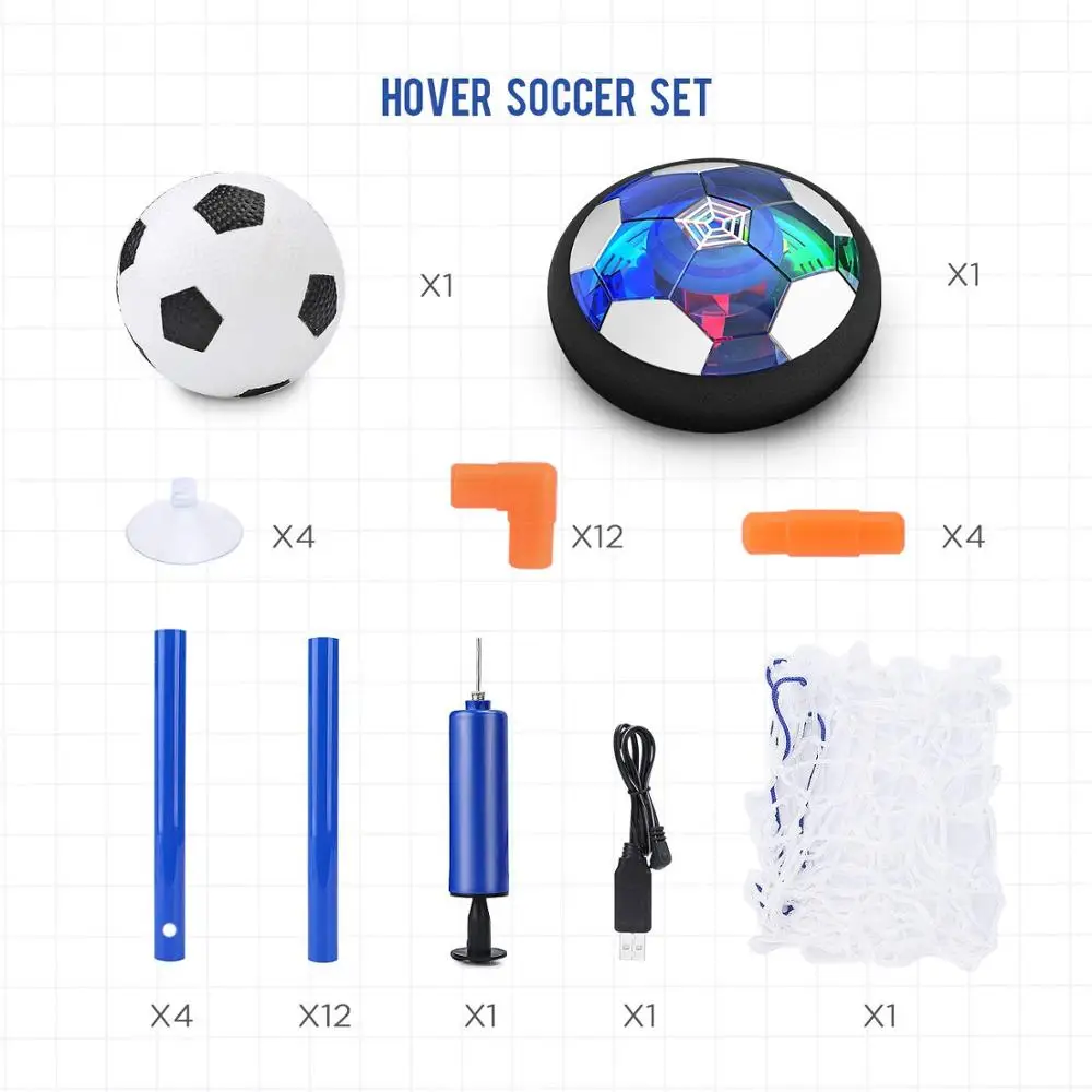Kids Hover Soccer Ball Toy with 2 Goals and Inflatable Ball Indoor Floating Soccer with LED Light and Safe Bumper