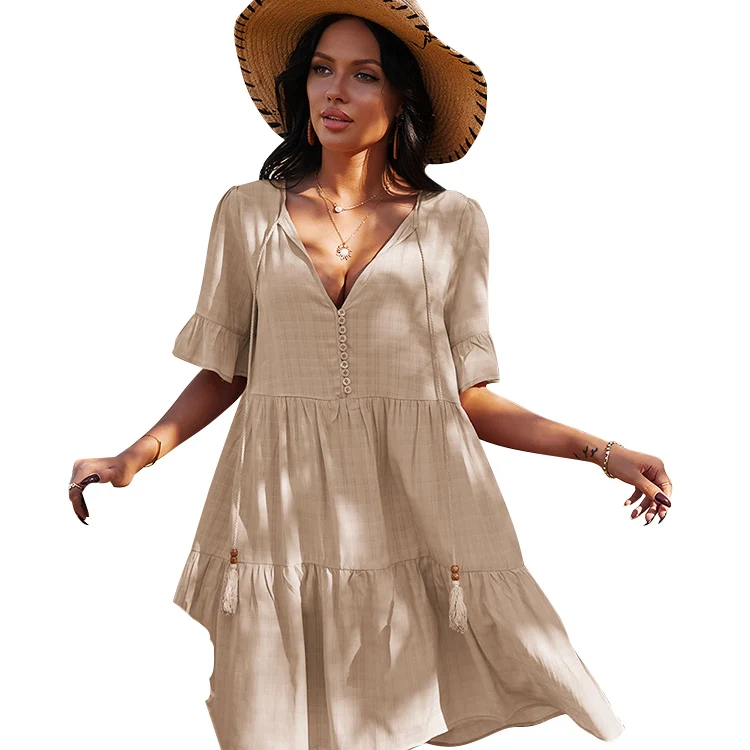 Vestido Chic Summer Tassels Flounce Ruffled Notched Neck Short Sleeve Boho Mini Dress For Women