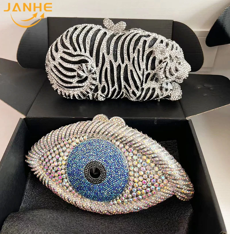 JANHE bolso de mano Party Event Luxury Tiger Bling Glitter Rhinestone diamond Purse crystal skulls clutch bag evening bags