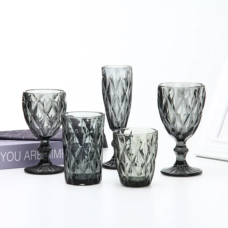 Wholesale Cheap Price Wedding Vintage Champagne Blue Amber Water Wine Cups Colored Glassware Pink Goblets