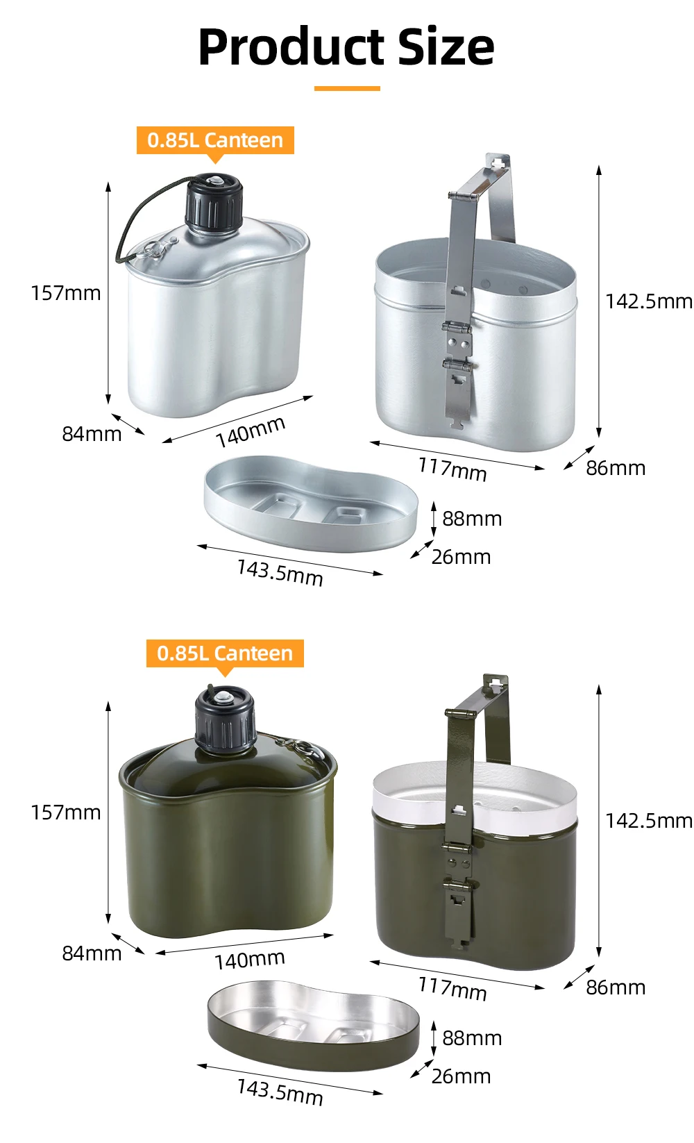 Factory Price Lightweight Aluminum Camping Picnic Wholesale Water Canteen Mess Kit Cup