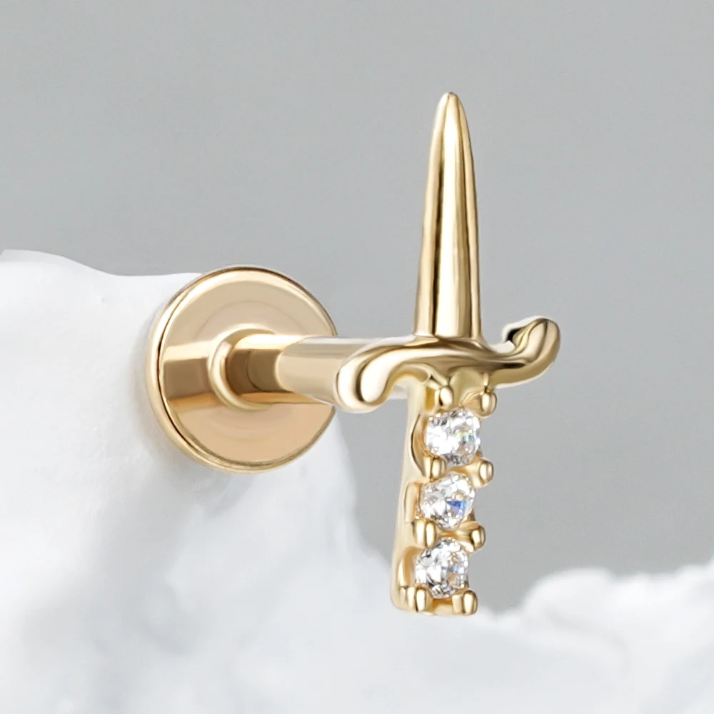 Toposh Flower Butterfly Moon Sword Axe Stud Labret Stud 14K Gold Threadless Lip Stud Earrings Cartilage Body Piercing Jewelry