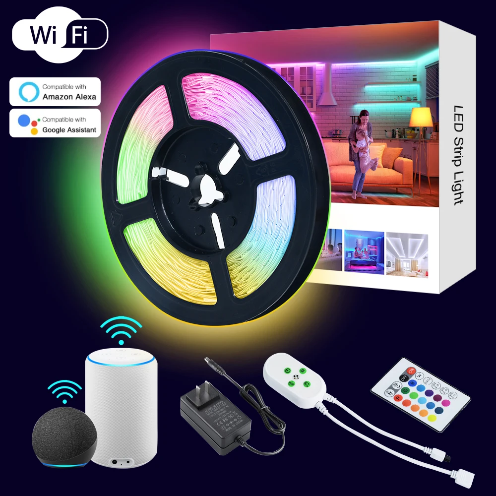 
Google car Tuya Wifi smart Alexa flexible waterproof rgb smd 5050 5m 15 meter tiras de luces led strip light kit with APP remote 