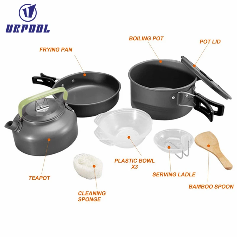 Camping Cookware Mess Kit Non-Stick Pot and Pan Set with Kettle Lightweight outdoor folding cookware for Cooking Picnic