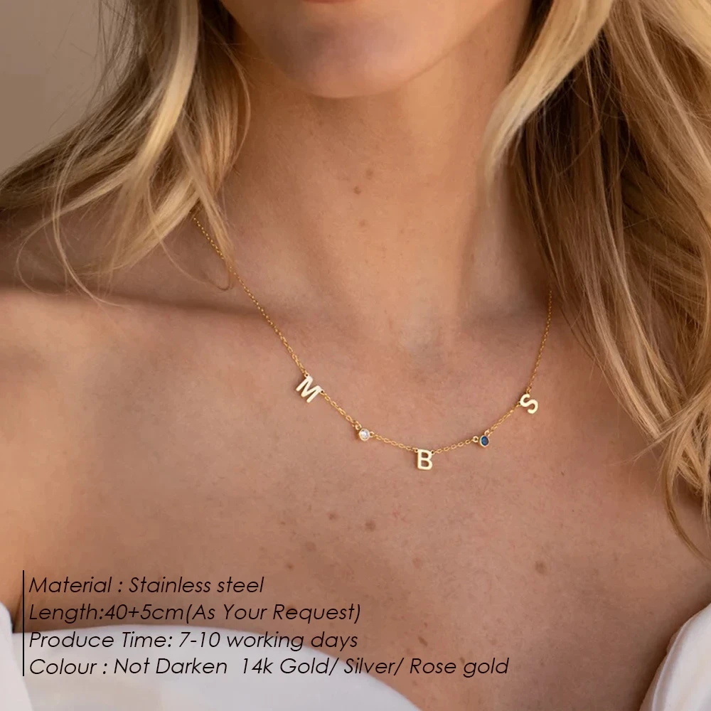 eManco Customized Necklace Diy Birthstone 26 Letter Side Pendant Steel Letter Pendant Birthstone Letter Name Necklace For Women