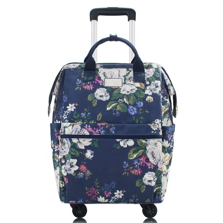Large Capacity Flora Print Canvas Trolley Tote Bag Cabin Luggage On Wheel Rolling Travel Bag