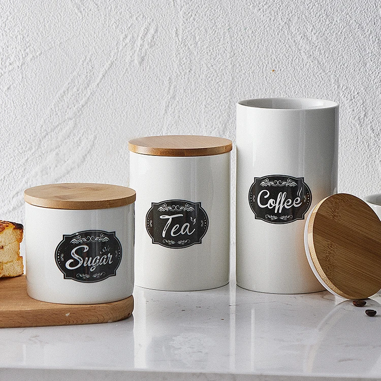 Custom Logo Kitchen Ceramic Canisters Food Storage Jar for Tea Coffee Sugar with Bamboo Lid