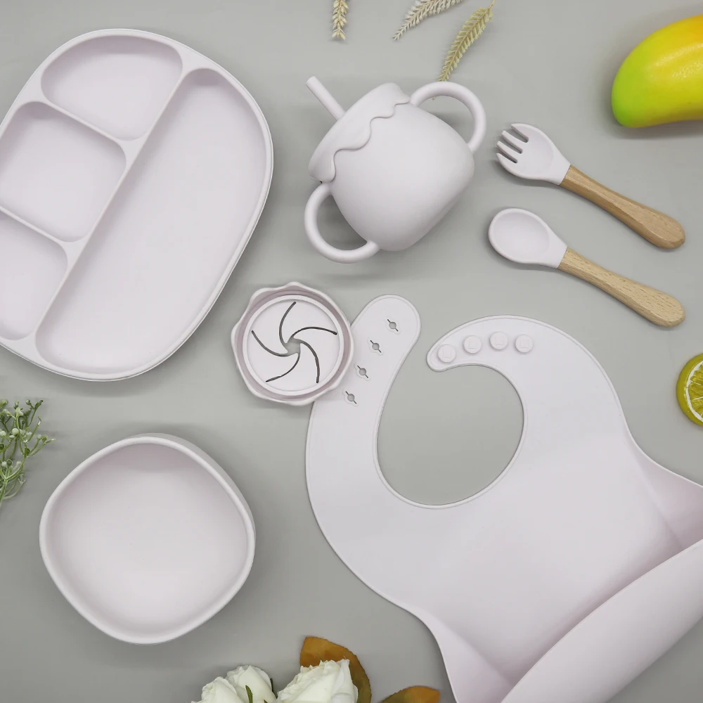 Wholesale Custom Waterproof Detachable Adjustable Food Feeding Toddler babero de silicona Baby Bib plate bowl Set