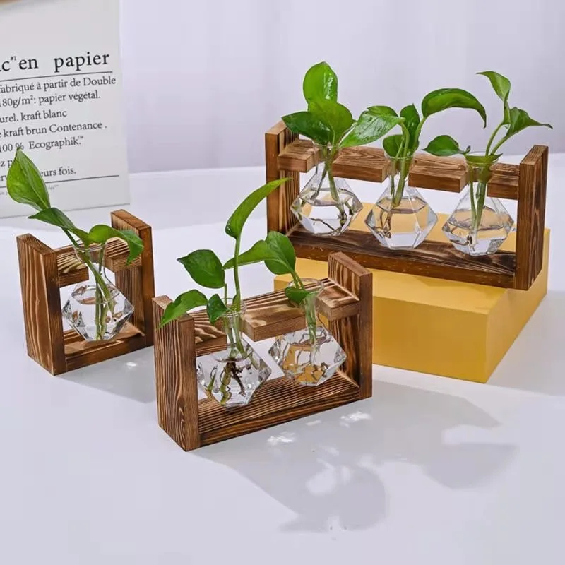 Plant Vase Plant Terrarium With Wooden Stand Propagation Stations For Home Office Decoration