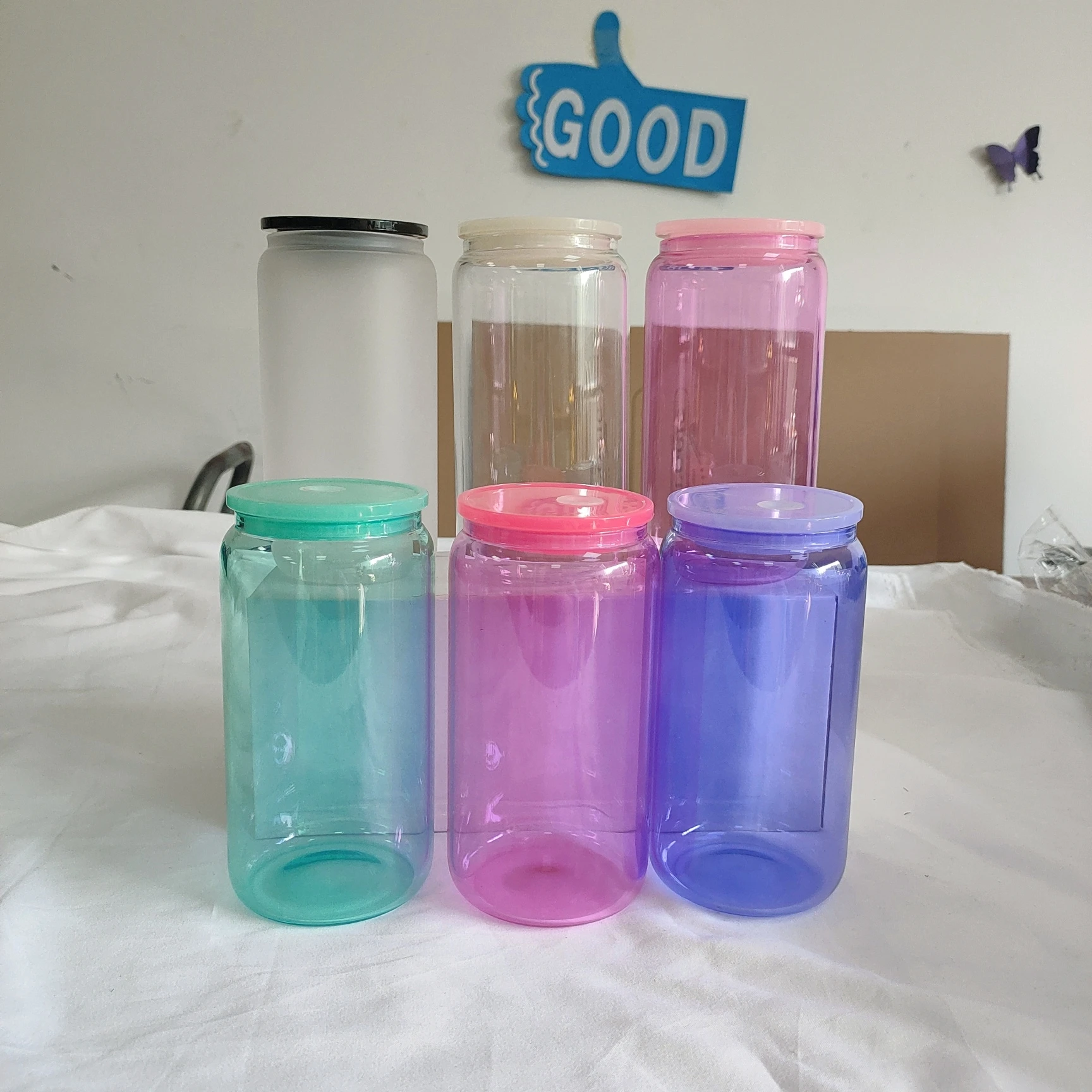 Mixed Vivid Color Glassware Clear Frosted Blank Sublimation Juice Soda Beer Shaped 16Oz Glass Can With Plastic Lid And Straw