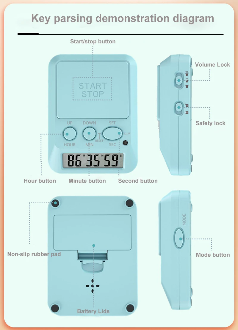 Multi-function Digital Kitchen Timer Count up & down alarm ring big logo area LCD digital Timer with backing light