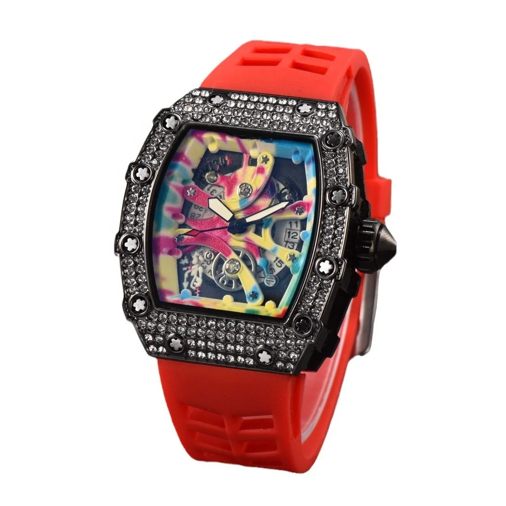 2024 New Hollow Out Colorful Diamond Luxury Watch barrel shaped 3D stereoscopic Richard Calendar Fashion Quartz  Watch for Men