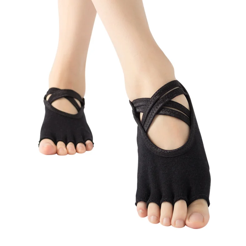 Оптовая продажа, махровые носки с 5 разделителями пальцев, открывающиеся внахлест, Вязаные тапочки, носки с полупальцами для фитнеса, пилатеса, женские носки для йоги с нескользящей ручкой