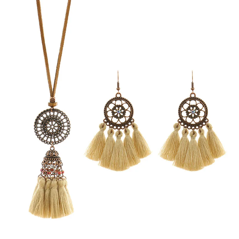European and American accessories set Bohemian retro bell pendant tassel Earring Necklace Set
