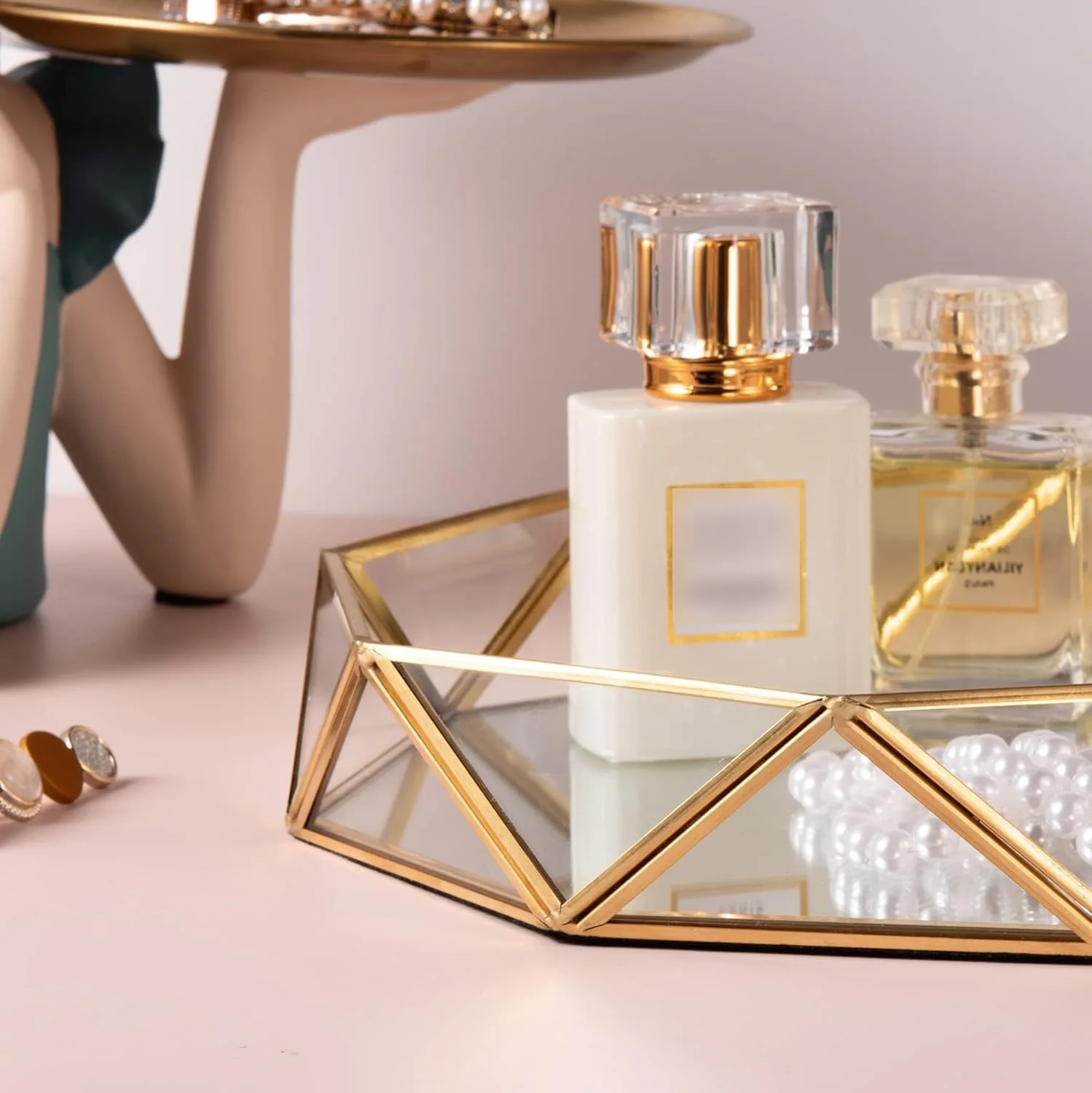 Gold Glass Perfume Tray Mirror Vanity Jewelry Trinket Organizer Tray Cosmetic Makeup Geometric Shape Display Decorative Tray