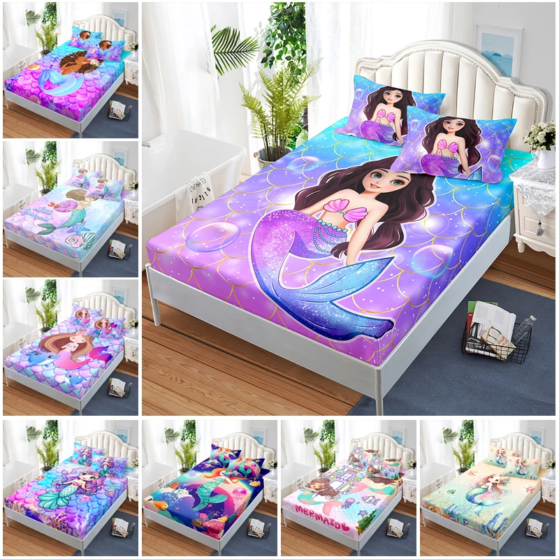 Cute cartoon mermaid girl 3D digital printing fitted sheets bedroom bedding set mattress cover