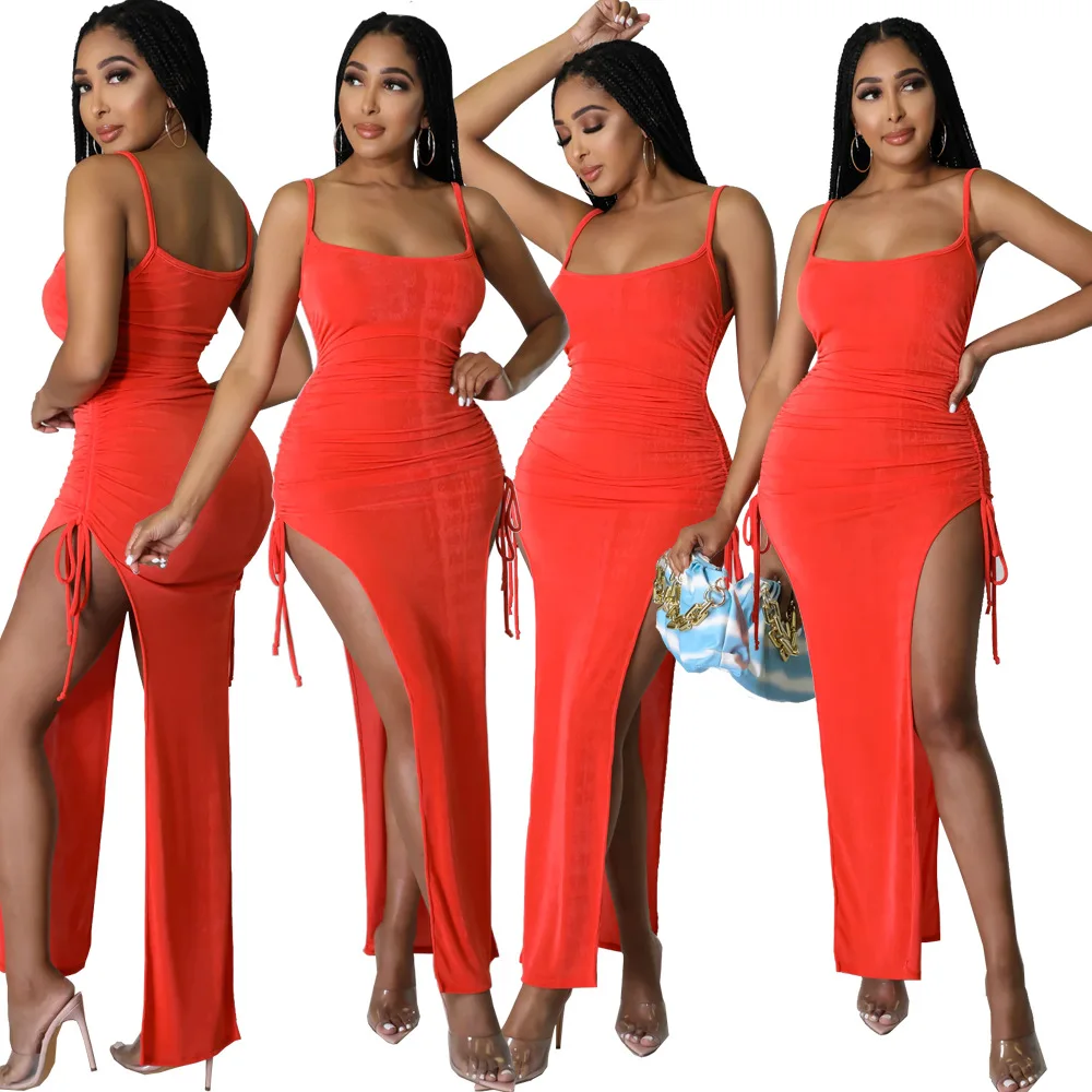 2022 Woman Clothes Party Club Sexy Bandage Sundress Ladies Pleated Bodycon Maxi Dress