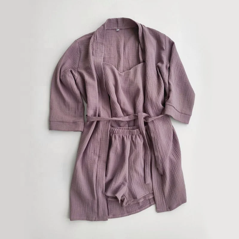 Soft 100% Cotton Women Pajamas 3pecs  Set With Robe Hot Selling Bridesmaid Pajamas Comfy Natural Homewear Leisure Wear