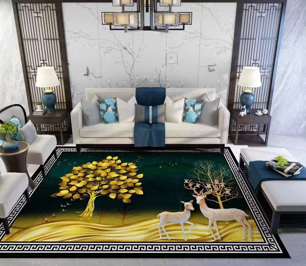 Chinese style lion design printed bedroom bedside carpet with diamond velvet