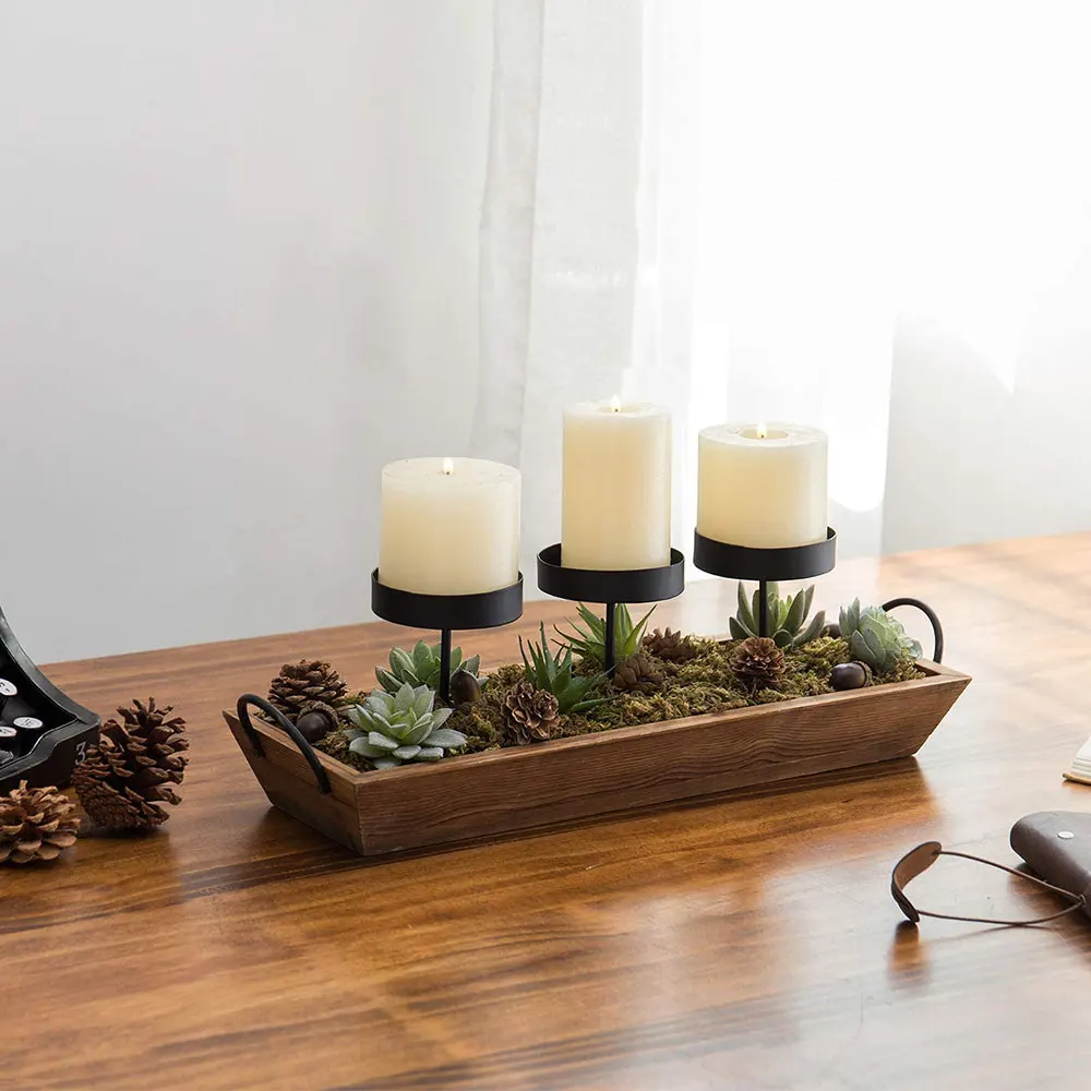 3-Pillar Black Metal Candle Holder with Rustic Wood Tray and Handles, Tabletop/Mantel Centerpiece