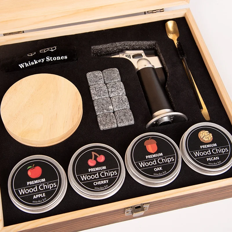 Luxury Wooden Cocktail Smoker Kit Creative Rotating Glass Handmade Cocktail Chimney Smoker With Wood Chips Whiskey Smoker Set