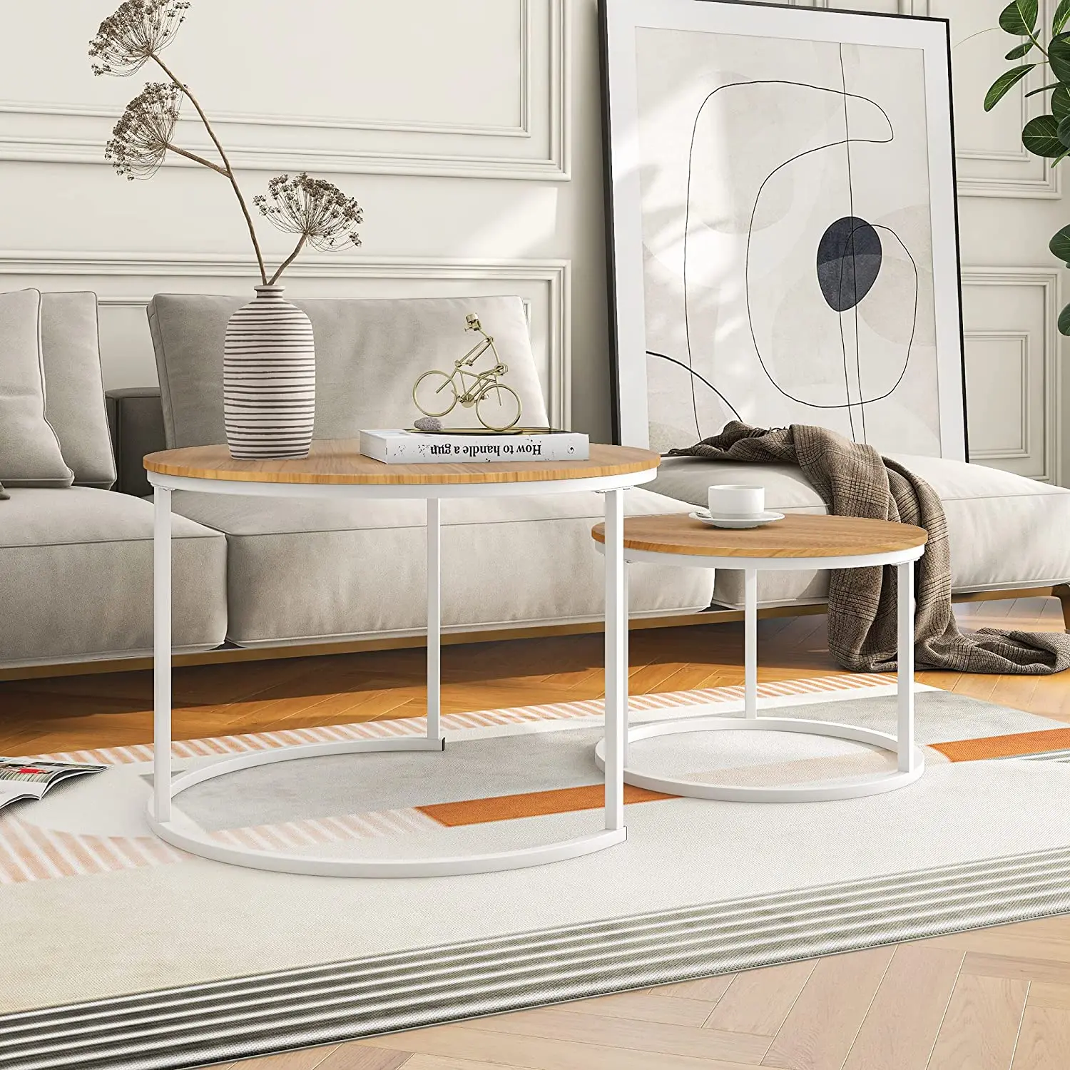 Round Wood Nesting Coffee Stacking Side Tables end Tables with Sturdy White Metal Frame