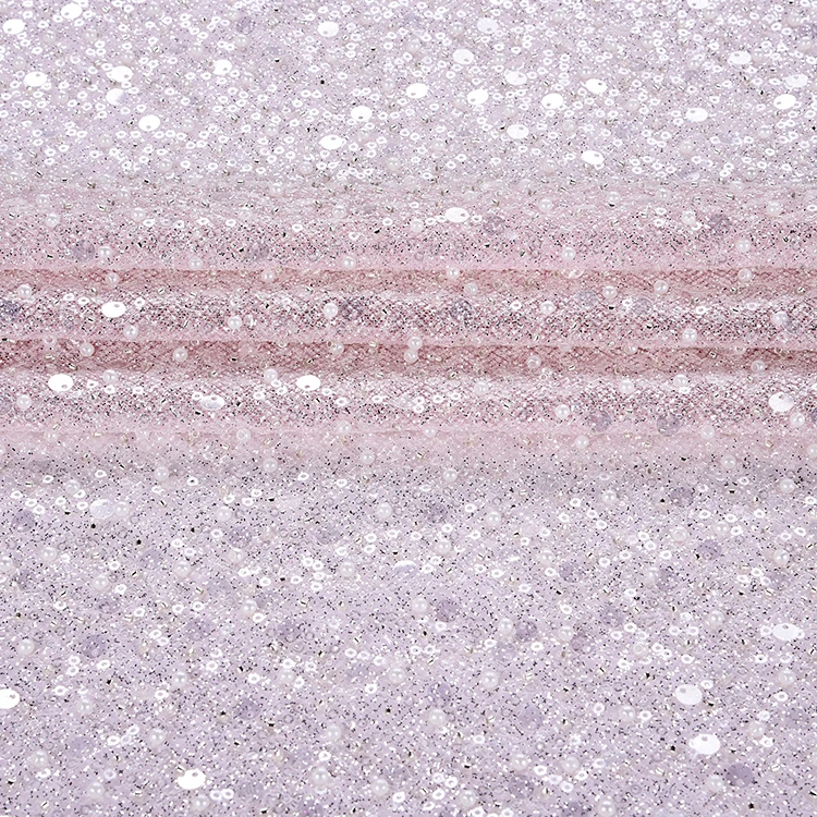 2022 new design fantasy sequin beaded luxury tulle overlay wedding dress making pink embroidery lace fabric from China