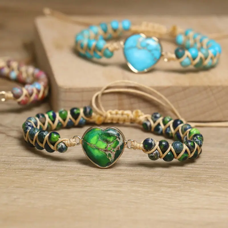 Dainty Beaded Bracelet for Women Jewelry Double-layer Handwoven Heart Charm Imperial Jasper Turquoise Stonr Bracelet