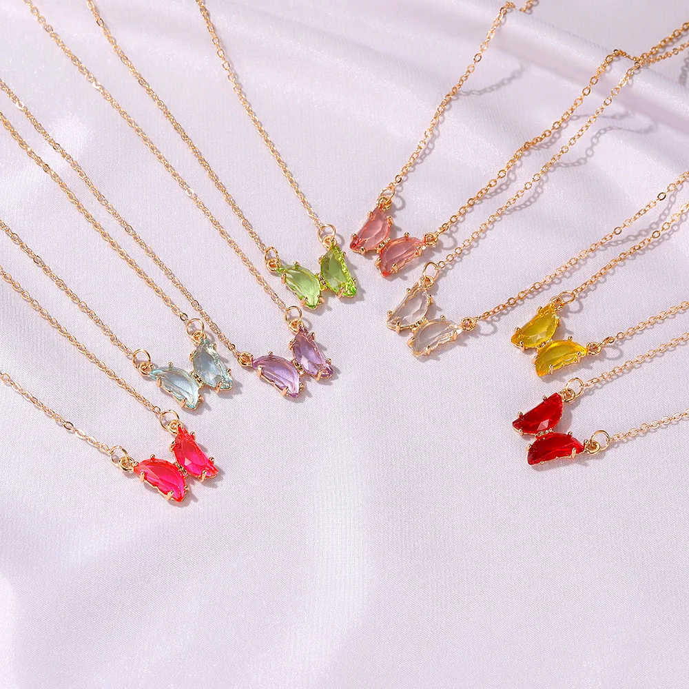 Fashion fine jewelry 14k 18k solid gold silver ins popular red blue gem crystal butterfly necklace
