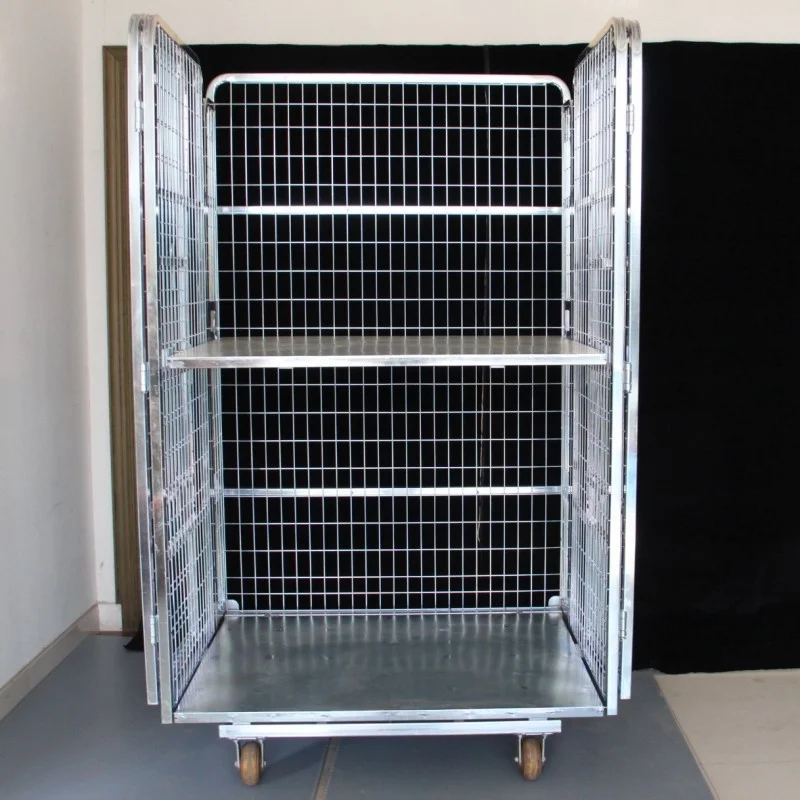 Wholesale metal Durable Warehouse Wire Mesh Roll Cage Pallet trolley wire cages with wheels for transport