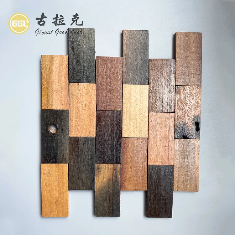 Rustic Wooden Mosaic Panel Brick-Shaped Tile for Living Room Interior Wall Decoration