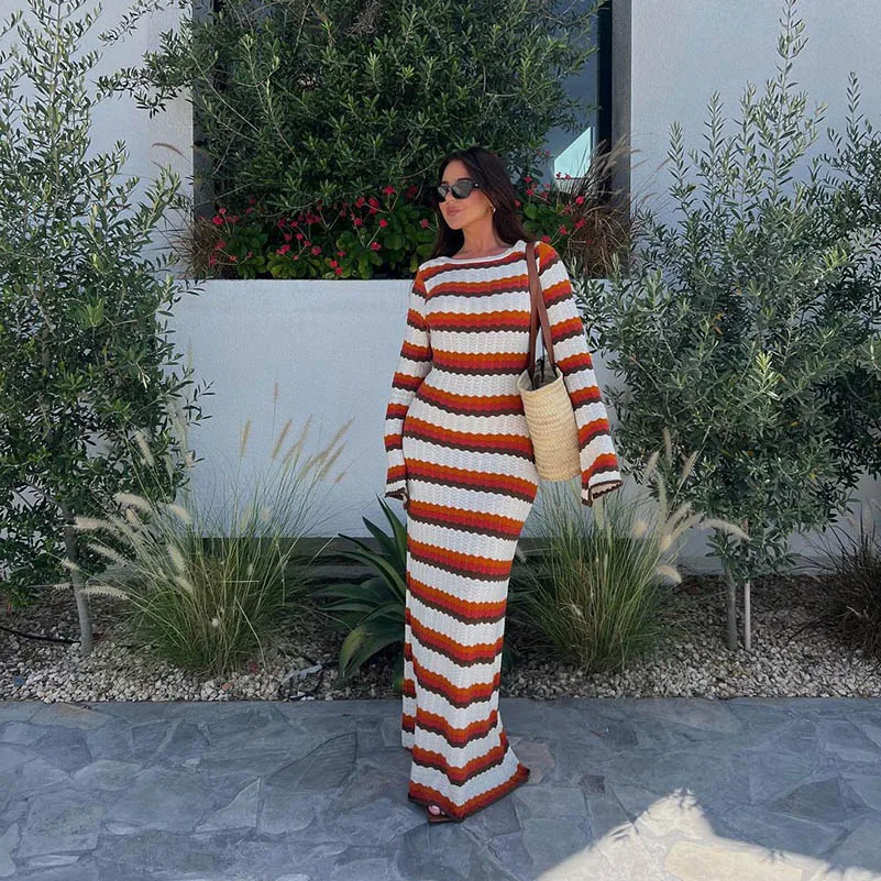 Summer Knitted Stripe Women Sexy Beach Maxi Dress Y2k Evening Party Flare Sleeve Bodycon Long sweater dress women clothing