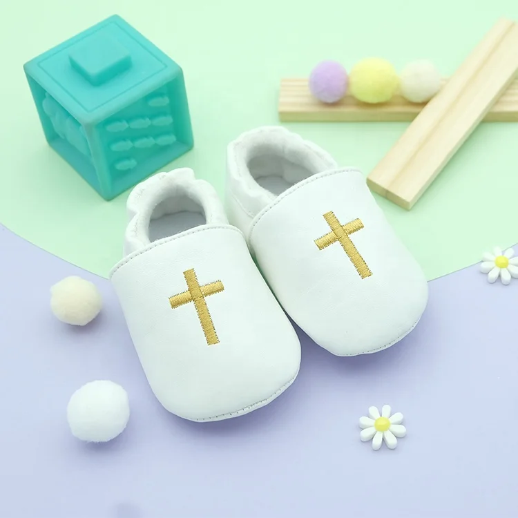 
Soft Sole Baby Moccasins With Cross Baptism Unisex Dress Toddler Shoes 