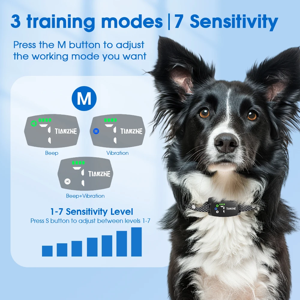 Custom Safe Humane No Shock Barking Collar Rechargeable Pet Dog Bark Control Collar with 3 Adjustable Modes Beep Vibration