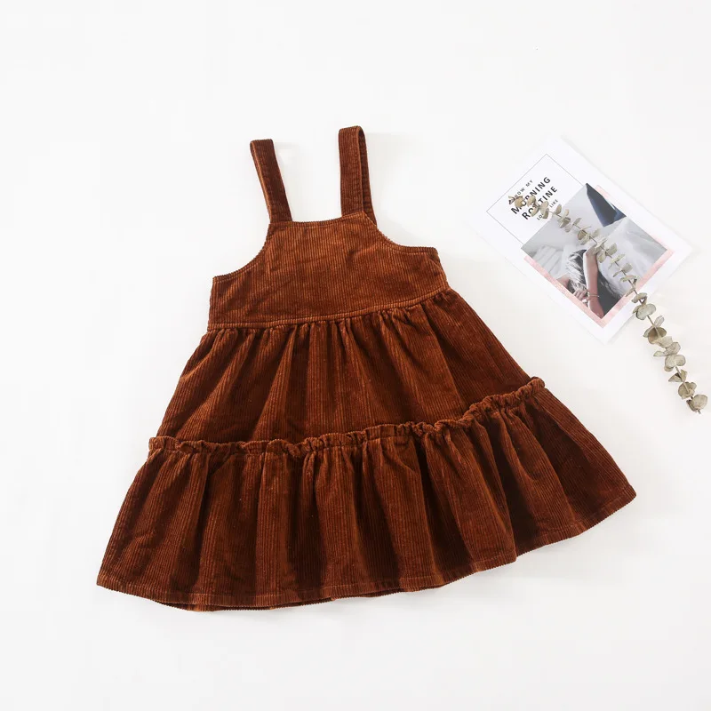 Hot sale spring and fall kdis clothes velvet suspender girl dresses pure brown ruffle dresses