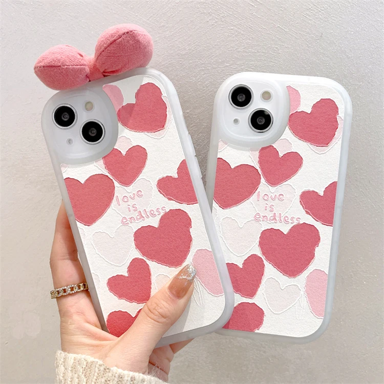 New Girl Aesthetic Love Heart Pink Bow-knot Cute Phone Case Back Cover For Huawei iPhone 13 Pro Max