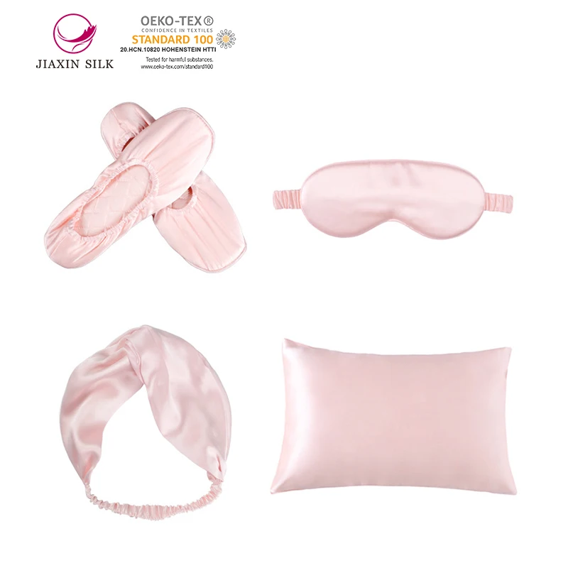 Custom 19 Momme silk pillowcase set 4pcs silk pillow case bonnet Eyemask silk scrunchies Luxury for sleeping tra