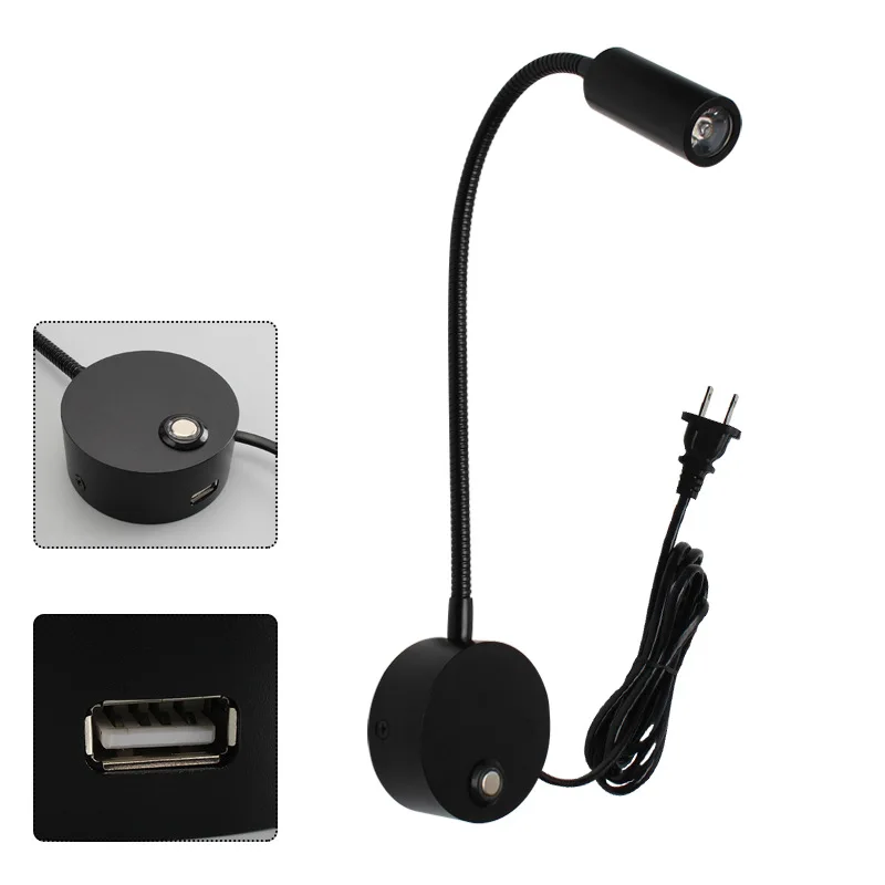 Movable golden black white bedhead hotel wall reading light with goose neck