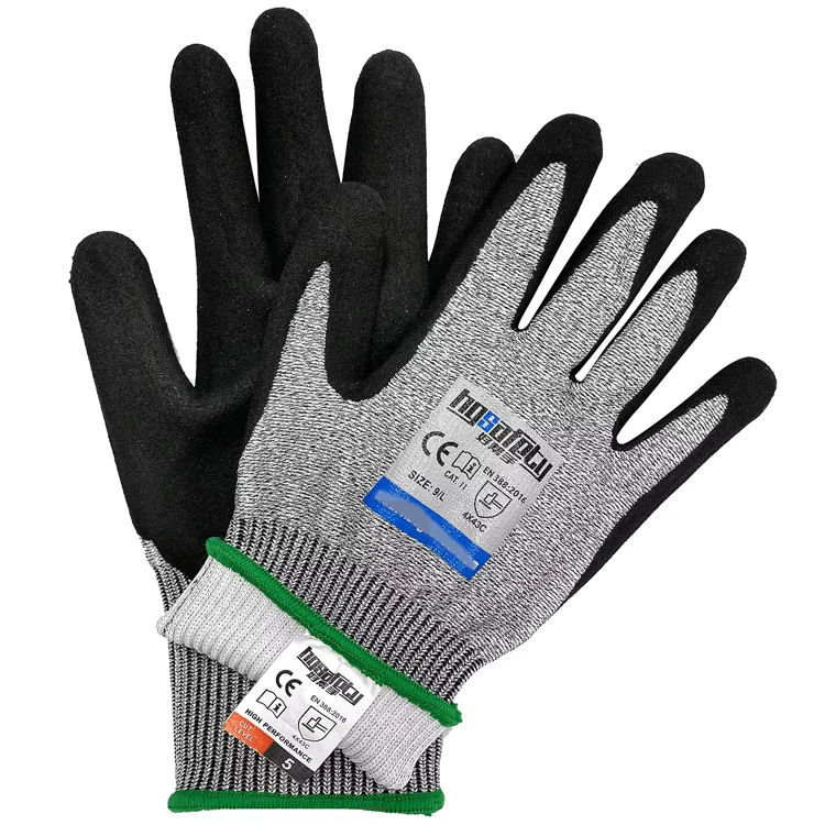 13G HPPE Glass Nitrile Coated Anti Cut Gloves Level 5 En388  Safety Working Cut Resistant Gloves For Industry Building
