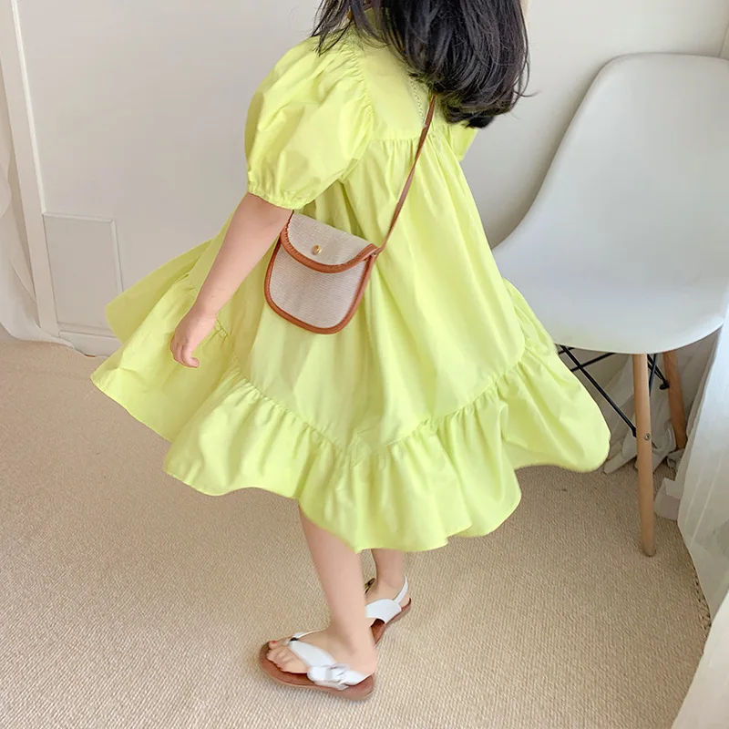 2021 New Fashion Kid  Toddler Girl Neon Green Ruffle Solid Dress for Summer 3-7T