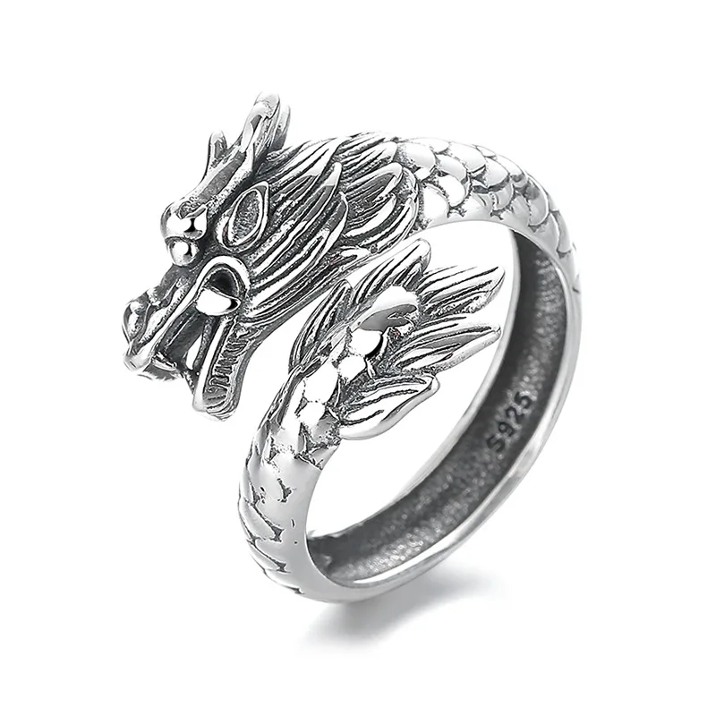 S925 sterling silver year of the loong Antique Heavy Industry Edition  dragon totem national tide wind jewelry opening ring