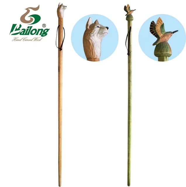 Outdoor wood carving animal wooden walking stick with display