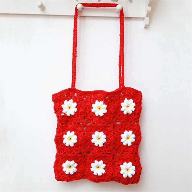 Fancy Hot Style Handmade Floral Knitting Crochet Yarn Net White Daisy Flower Pattern Tote Handbag