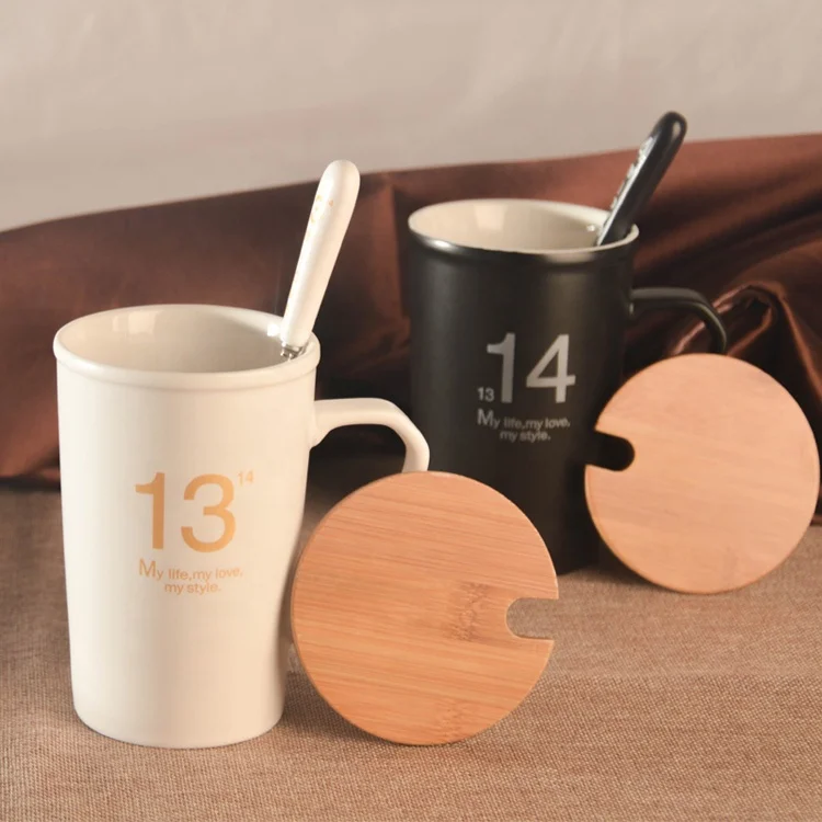 Ceramic black coffee cup porcelain coffee mug with lid and spoon for Valentine gift