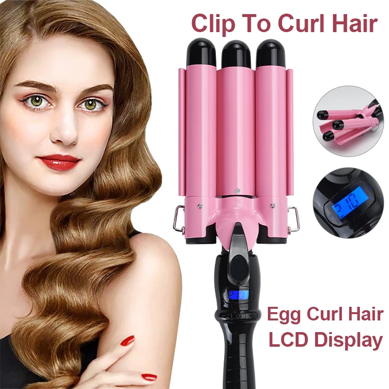 3 Barrel curling iron 25mm hair waver egg roll head large pink crimple with LCD display curling iron