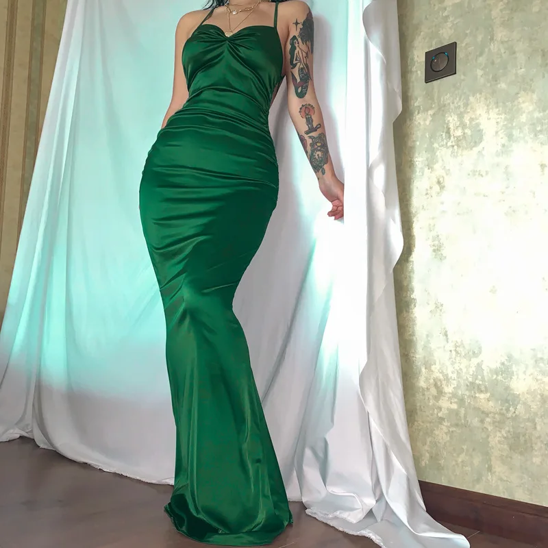 KLJ7421 Satin Backless Luxury Prom Evening Maxi Dress 2022 Summer V Neck Sleeveless Bodycon Long Dress Women