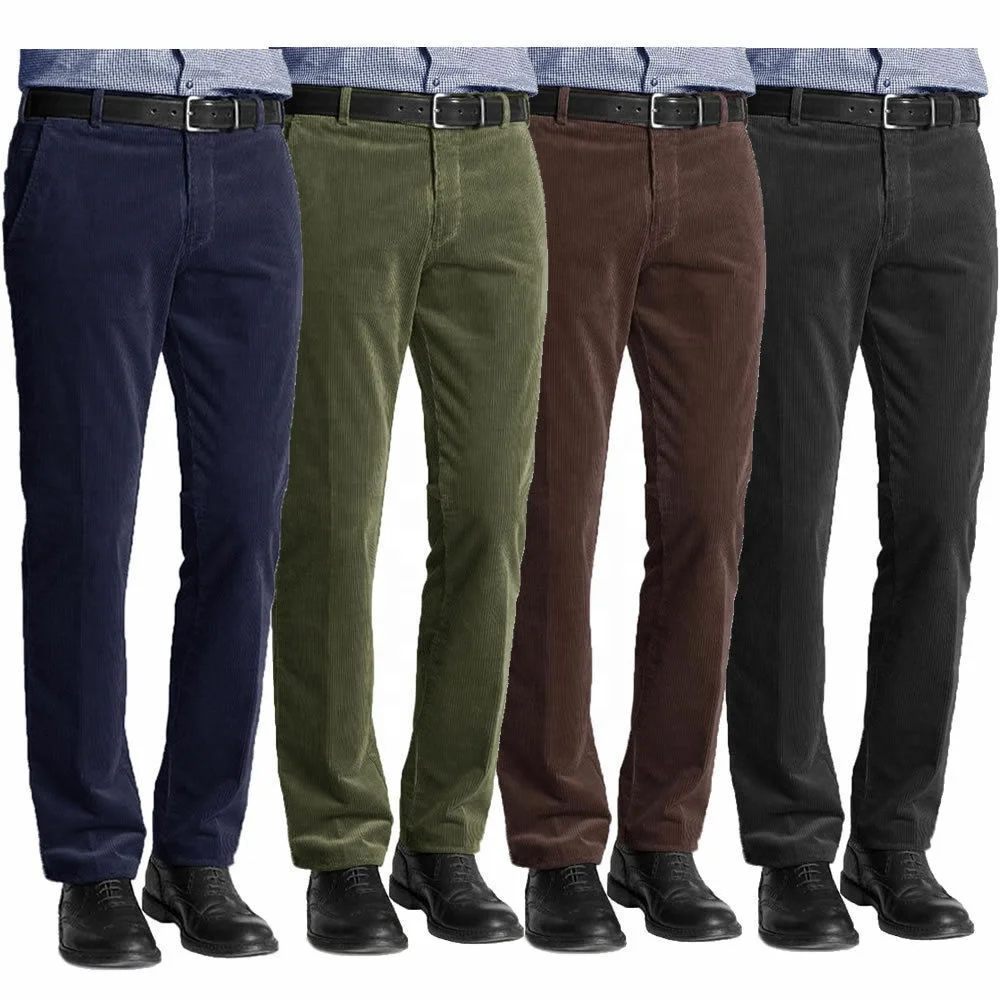 Mens Corduroy Cord Trousers Formal Belted Pants Smart Casual Cotton Trousers